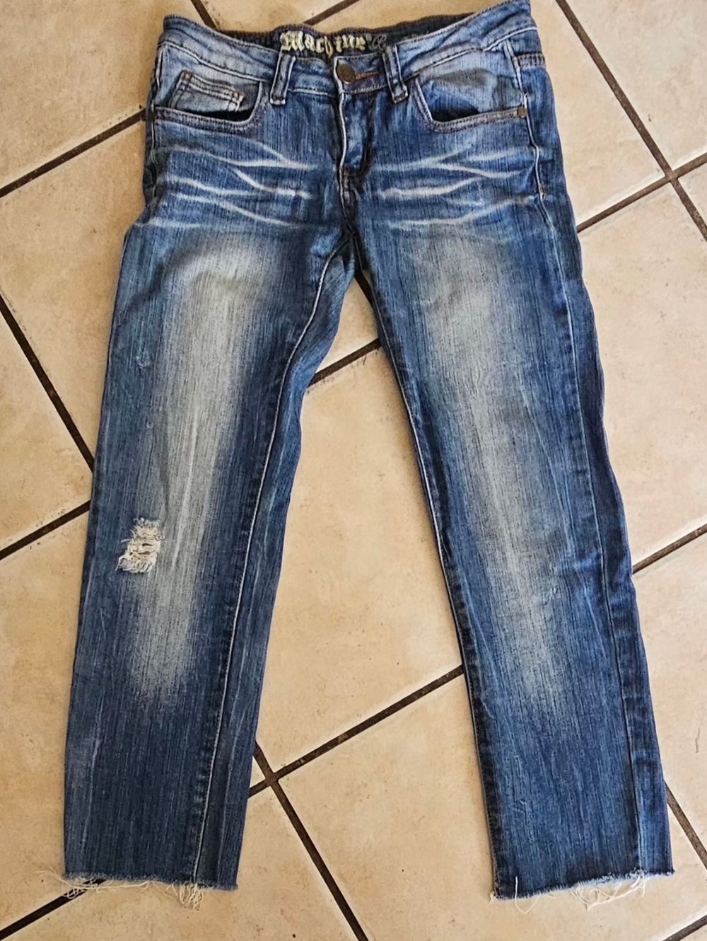 EUC Machine Nouvelle Mode Dark Wash Distressed Jeans Raw Hem Y2K Grunge Denim